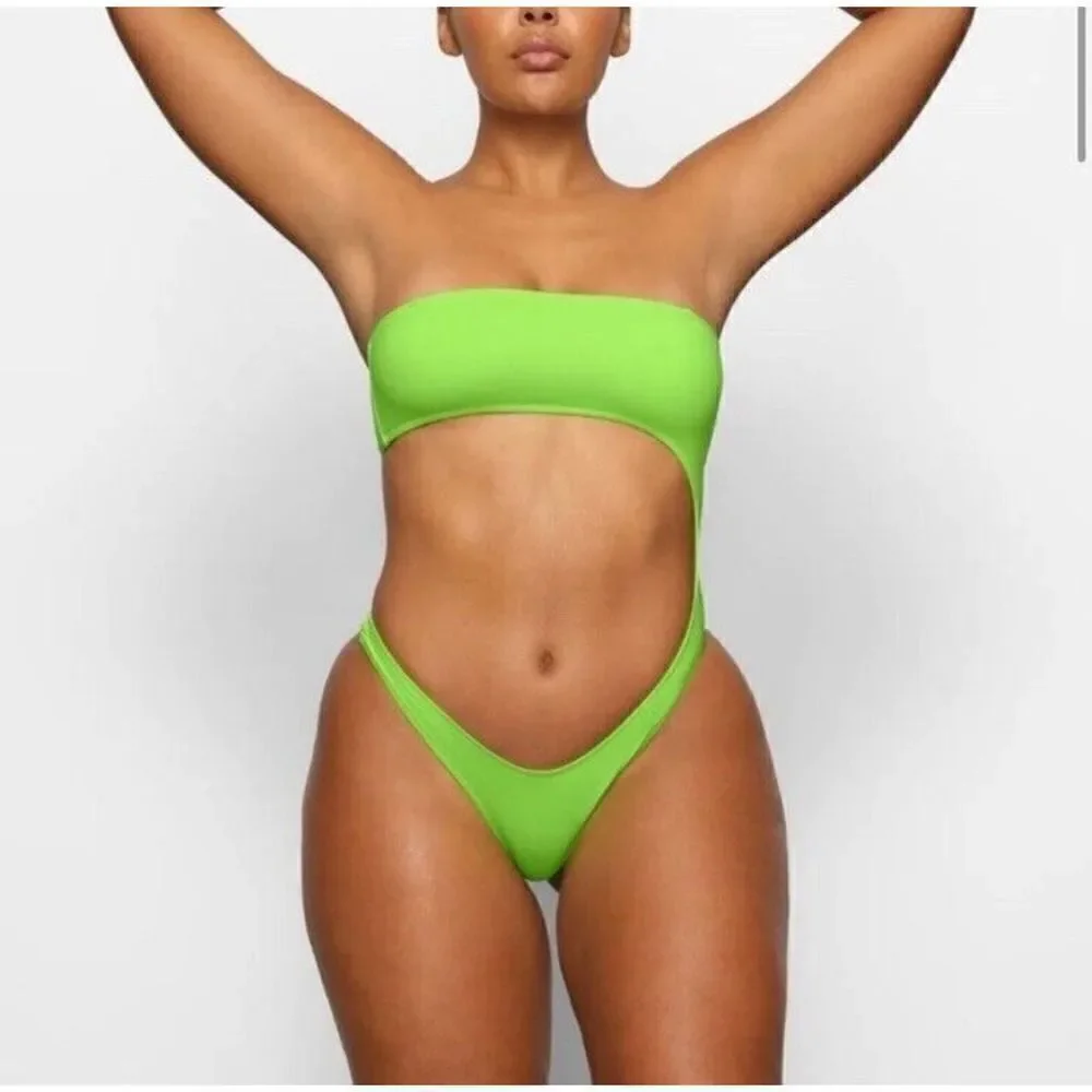 Skims Sz XL Neon Green Monokini Swimsuit Bathing Suit cut out NWT one piece